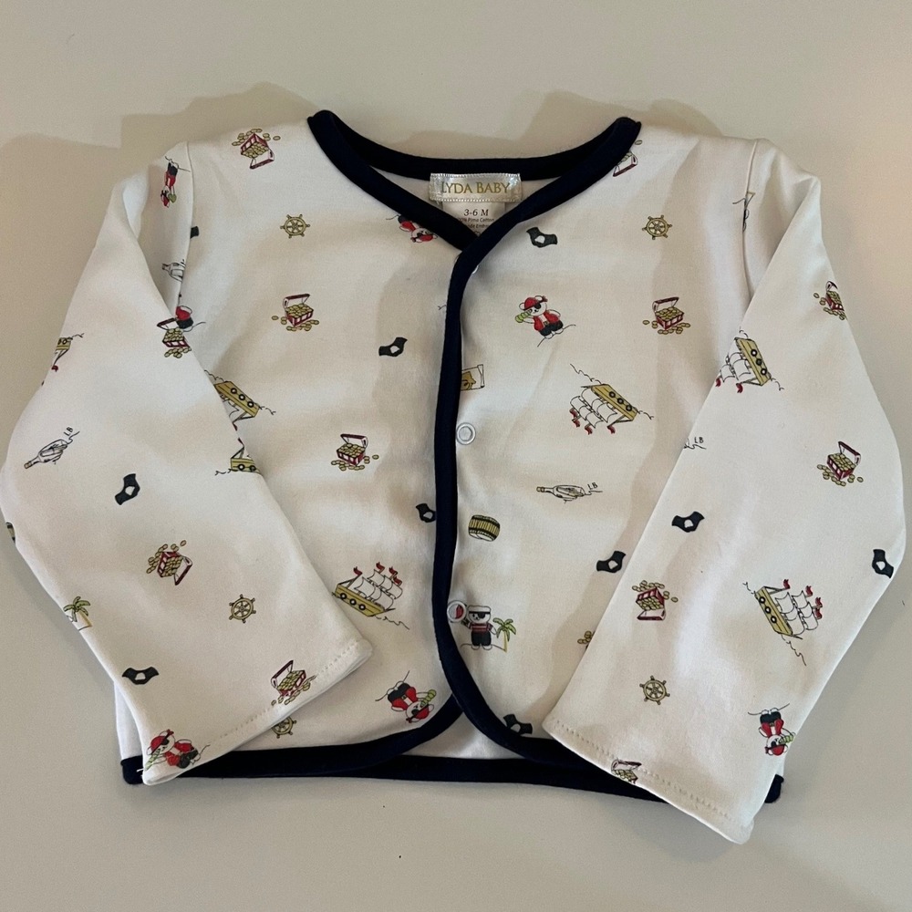 Lyda Baby Pirate Panda Pima‎ Cotton Snap Top White Navy 3-6M Made in Peru